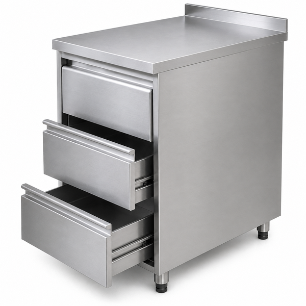 Stainless Steel Three-Drawer Cabinet with Sound-Deadened Top and Backsplash