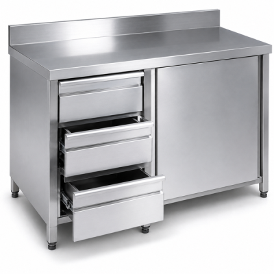 Stainless Steel Base Cabinet with Sound-Deadened Worktop, Left-Side Three-Drawer Set, and Hinged Door