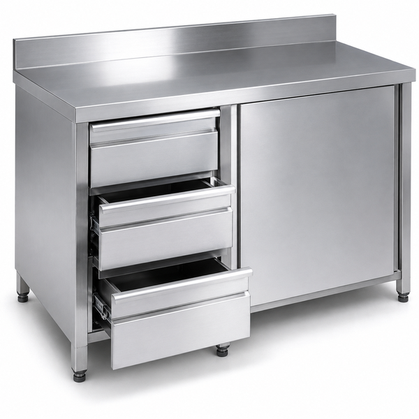 Stainless Steel Base Cabinet with Sound-Deadened Worktop, Left-Side Three-Drawer Set, and Hinged Door