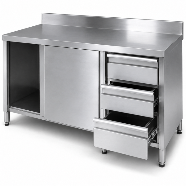 Base Cabinet with Sound-Deadened Worktop, Right-Side Three-Drawer Set, and Sliding Doors