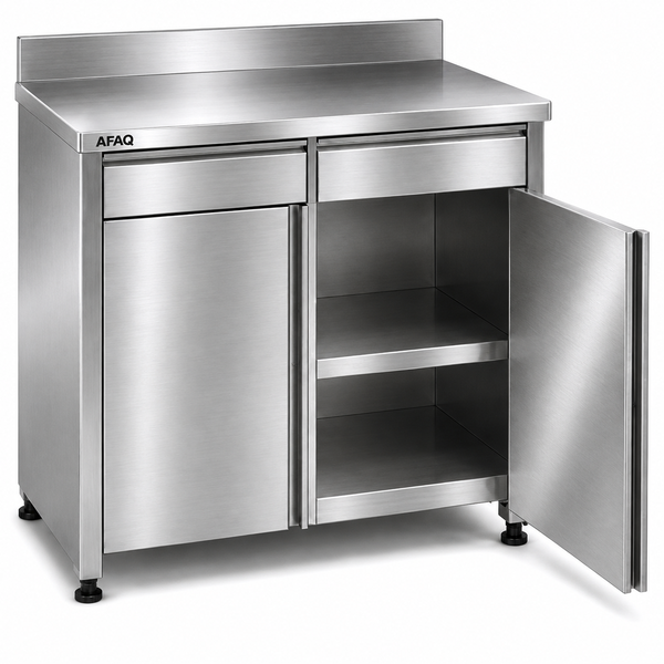 Stainless Steel Base Cabinet with Sound-Deadened Worktop, Two Drawers, and Hinged Doors