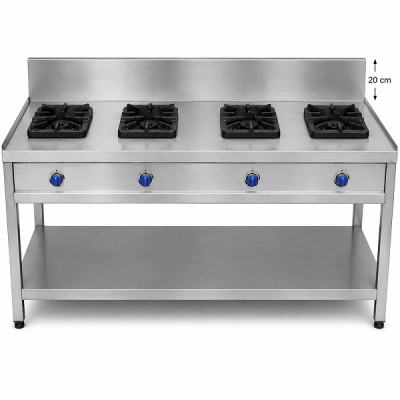 Four-Burner Gas Cooker with Backsplash and Under Shelf (2000 x 700 x 800 + 200 mm)